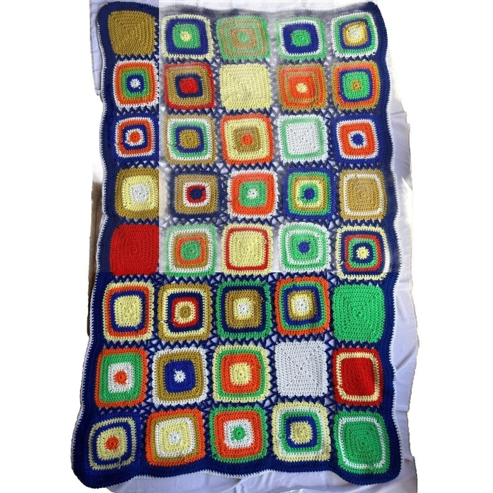 Vtg Squares Crochet Afghan 70's Granny Blanket Multicolor 43